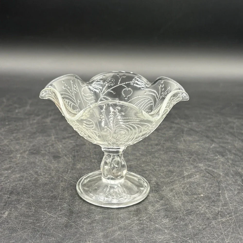 Vtg Handmade Poland Clear Glass Ruffled Compote Pedestal Bowl Paisley Floral 5in